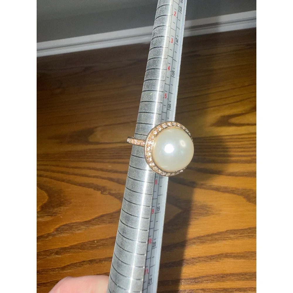 Rose Gold Tone Faux Pearl Pave Crystal Halo Statement Cocktail Ring Size 6.75